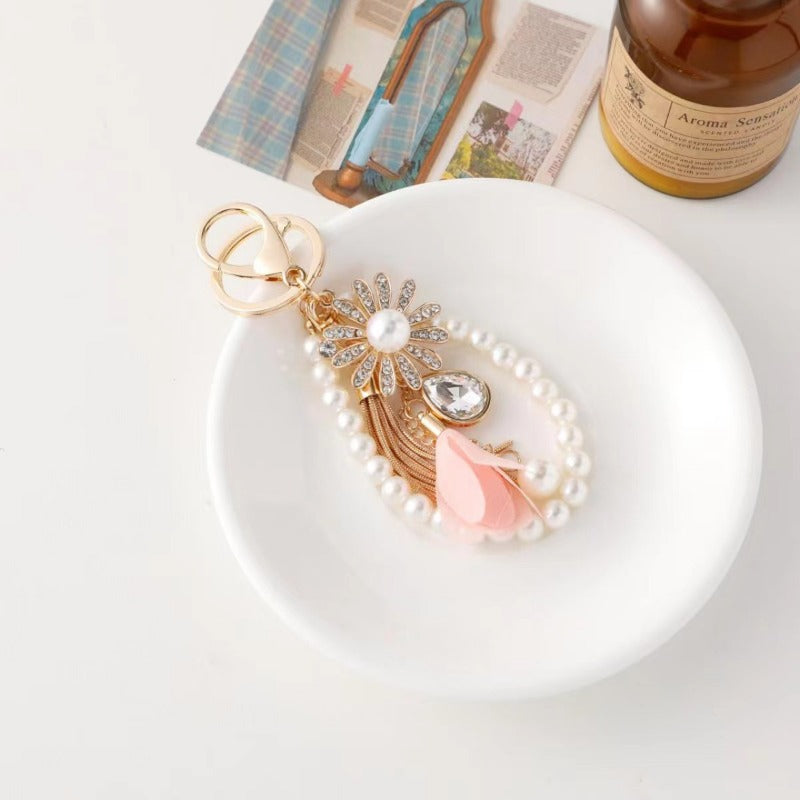 Wholesale Tassel Pearl Beads Rhinestone Sunflower Keychain